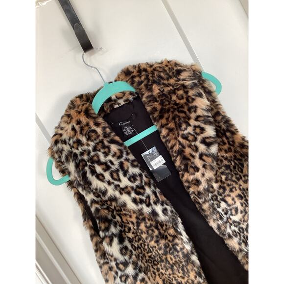 NWT Cejon Women Animal Print Faux Fur Open Front Jacket Vest Brown Beige Size XL - Picture 2 of 8